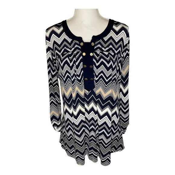 Anne Klein Women’s Large Blue Multicolored Chevron Print Stretchy Blouse Gold Bu - Picture 1 of 5